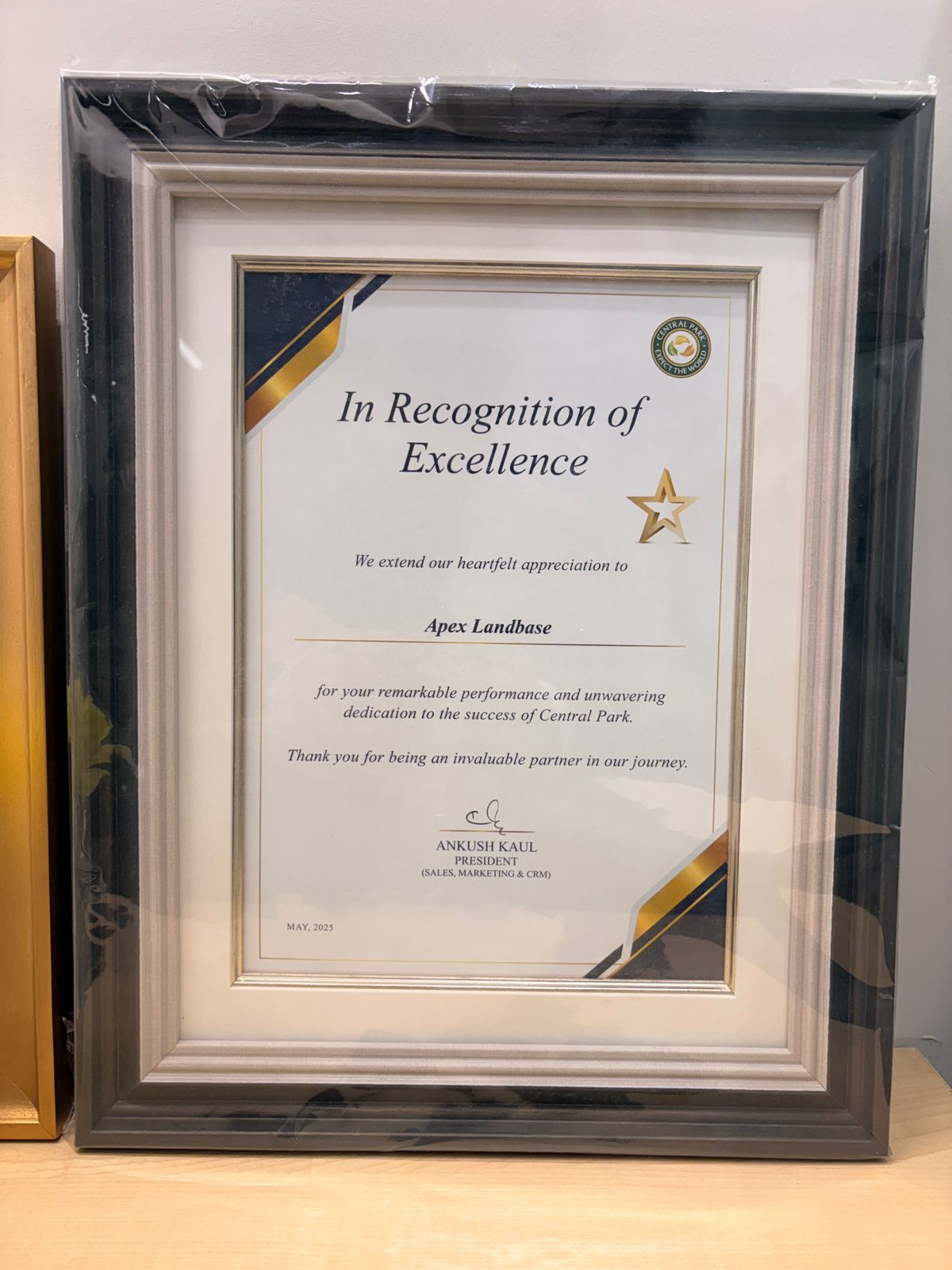 Central Park Excellence Certificate